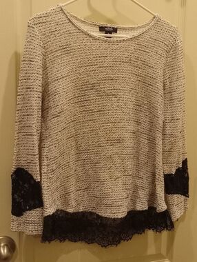 Alfani Cream Knit Scoop-Neck Sweater with Black Lace Accents